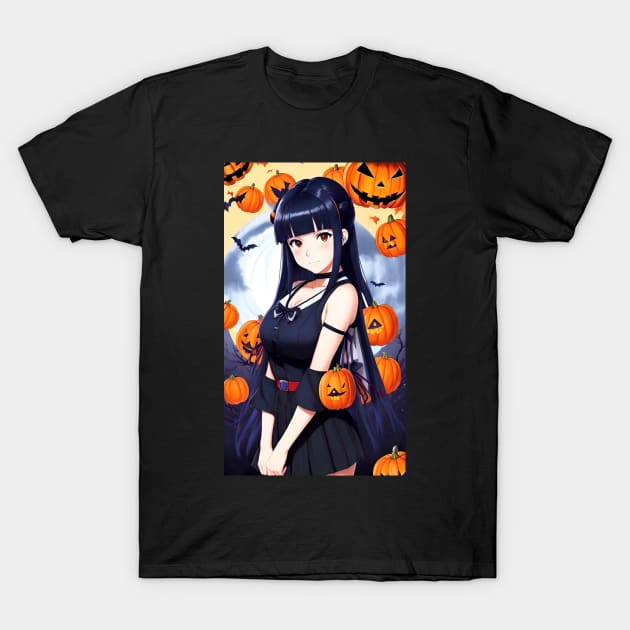Kawaii Anime Girl Looking Cute With Halloween Pumpkin T-Shirt by SanTees